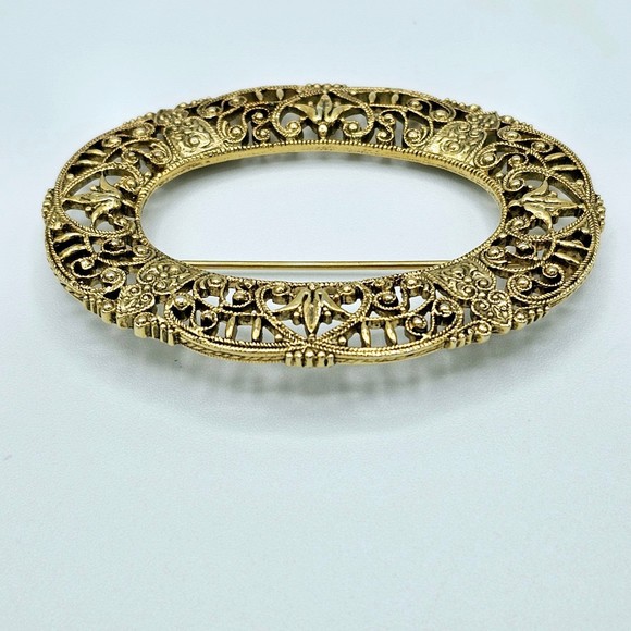 Victorian Brooch Sash Scarf Pin Filigree Vintage Scroll Oval Frame Large - Picture 4 of 7